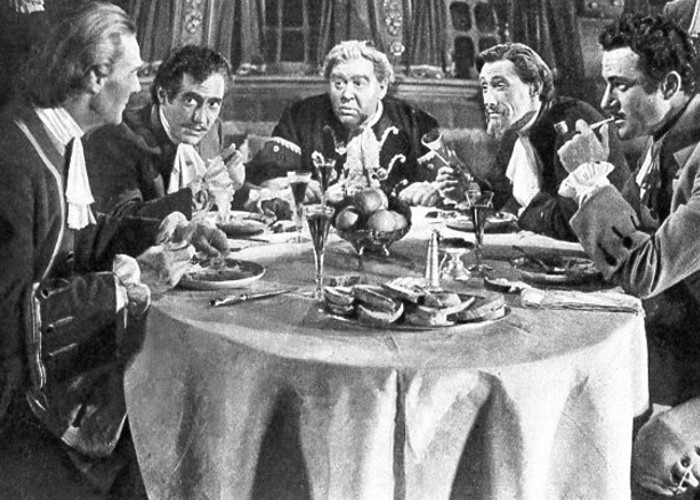 Randolph Scott, John Carradine, Charles Laughton, Sheldon Leonard, and Gilbert Roland in Captain Kidd (1945)