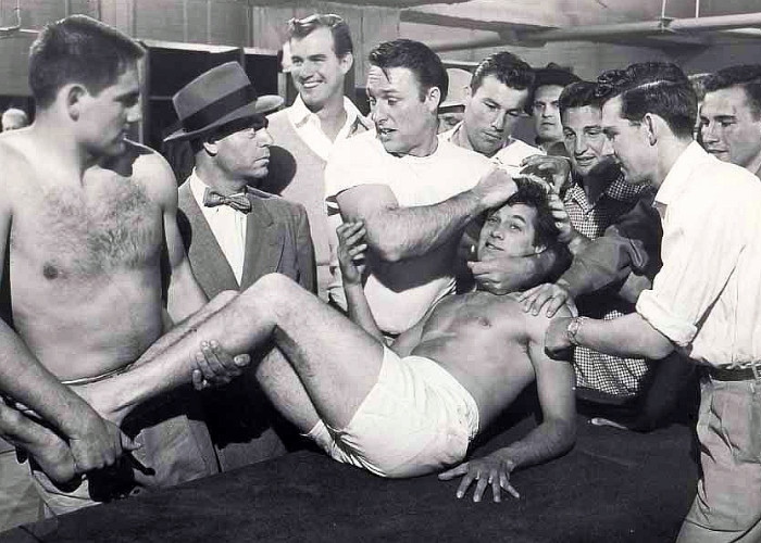 Tony Curtis, Joe Brooks, Jimmy Hunt, Richard Long, Gregg Palmer, Barney Phillips, and Stuart Whitman in The All American (1953)