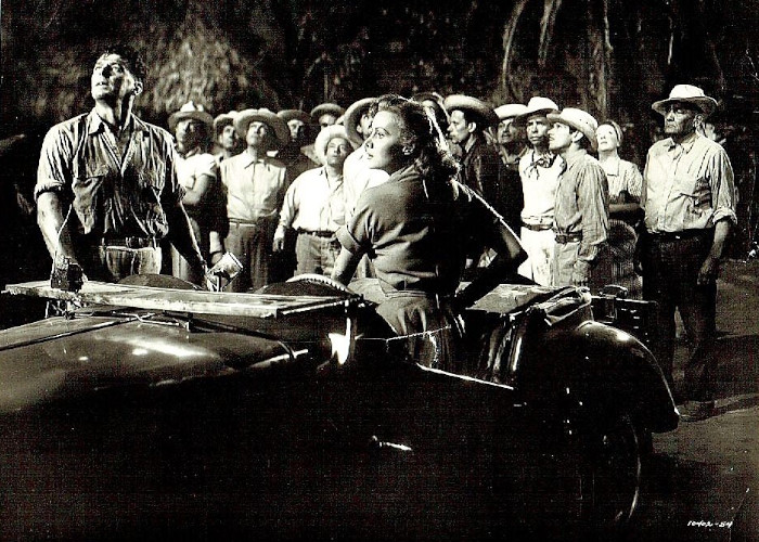 Ronald Reagan, Nick Borgani, Rhonda Fleming, Maurice Jara, and Carlos Acosta in Tropic Zone (1953)