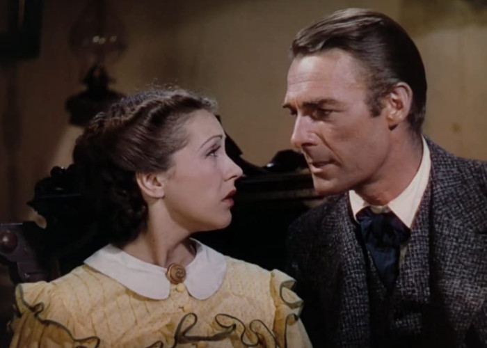 Randolph Scott and Nancy Kelly in Jesse James (1939)